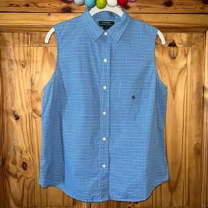 Lauren Ralph Lauren sleeveless button down blue white checked top. Size LG. EUC